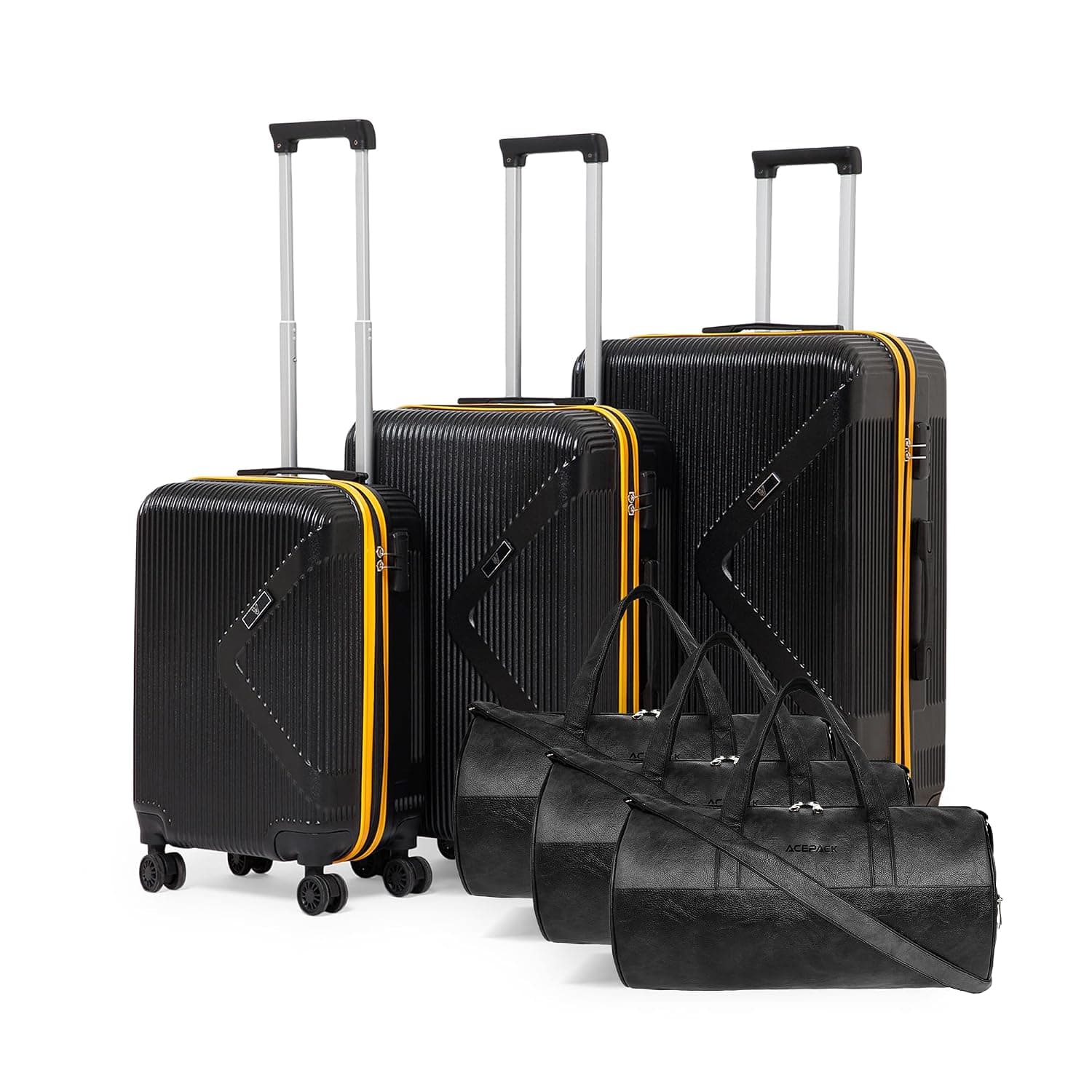 Brampton 6-Piece Family Set – 3 Duffle Bags + 3 Trolley Suitcases, Unbreakable Polycarbonate Luggage, 8 Spinner Wheels, Built-in Number Lock, 3-Year Warranty (Set of 6 with Duffels, Black)
