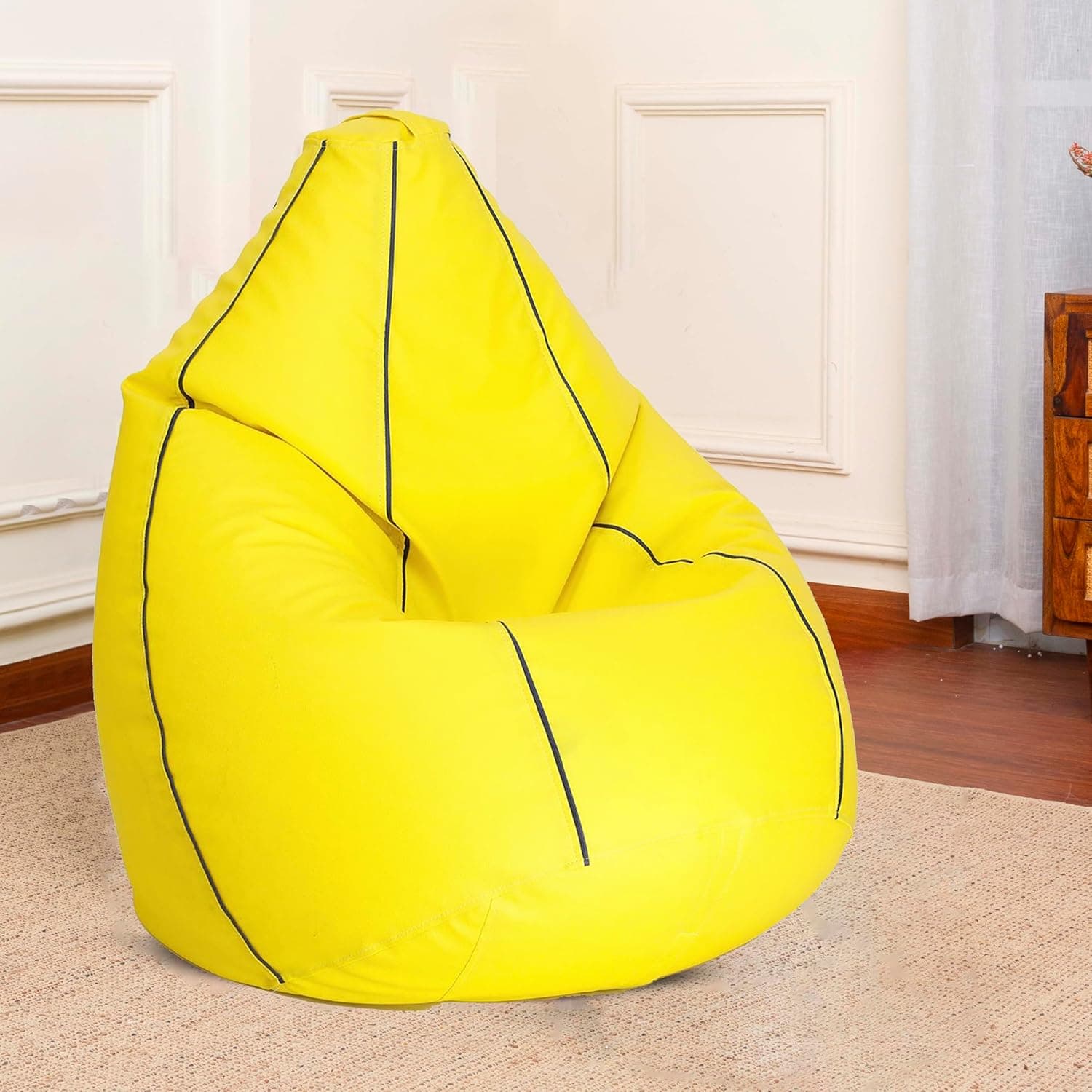 Sattva Classic Piping XXXL Bean Bag with Pocket Filled with Beans | Faux Leather Teardrop Bean Bag for Adults & Teens | Pre-Filled Comfortable Seating for Home, Bedroom โ Yellow with Navy Blue Piping