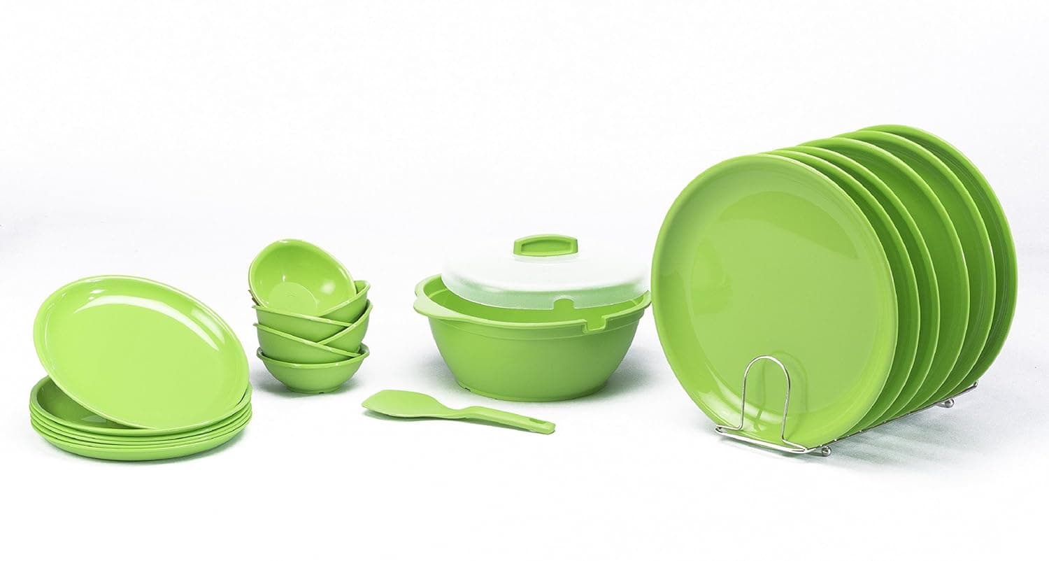 SignoraWare BPA Free Plastic Round Dinner Set | Microwave Safe | Unbreakable & Lightweight | Odor-Free | Great for Parties & Gatherings | Ideal for Regular Home Meals (Set of 21 pcs | ParrotGreen)