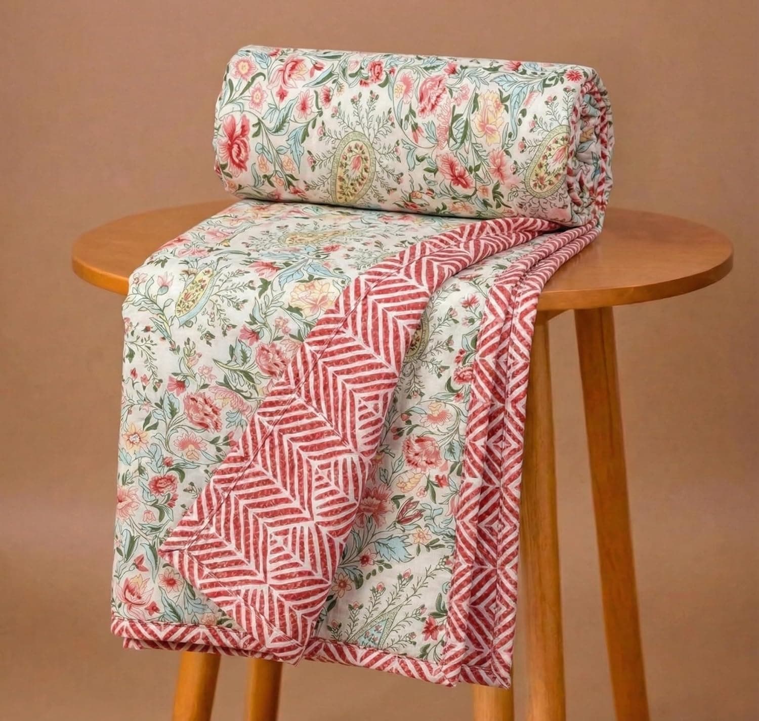 BSB HOME 100% Cotton Reversible Dohar Double Bed Size | AC Blanket Lightweight Summer Comforter | Soft Breathable Bed Blanket (224 x 214 cm) (Blush Paisley Floral)