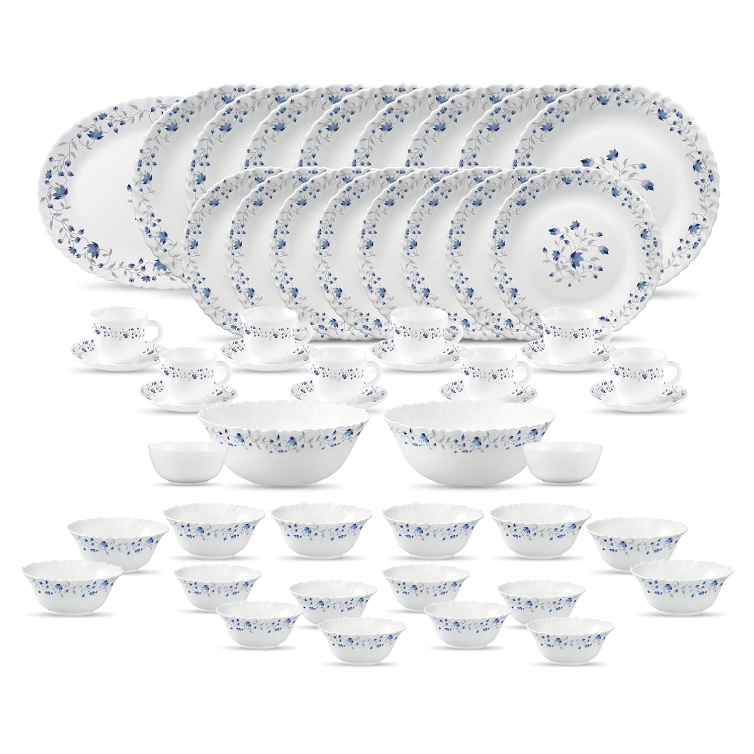 La Opala Diva Classique Collection Opal Glass Crockery | for Family of 8 | Dinner Set 53 pcs Blue Mystique | Plates, Bowls & Cups for Dining | Microwave Safe | 100% Vegetarian | Extra Strong | White