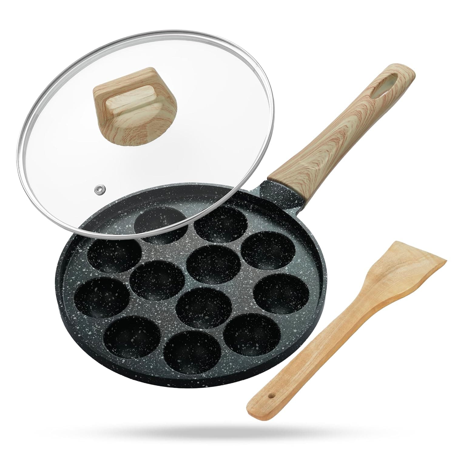Lifelong Diecast Aluminum Paniyaram Pan | 12 Pits, 1.5kg | 0.54L | 25cm Diameter |Pan with Glass Lid & Wooden-Finish Handle | For Cupcakes, Appe & Paniyaram |Durable for Easy Cooking & Cleaning, Black