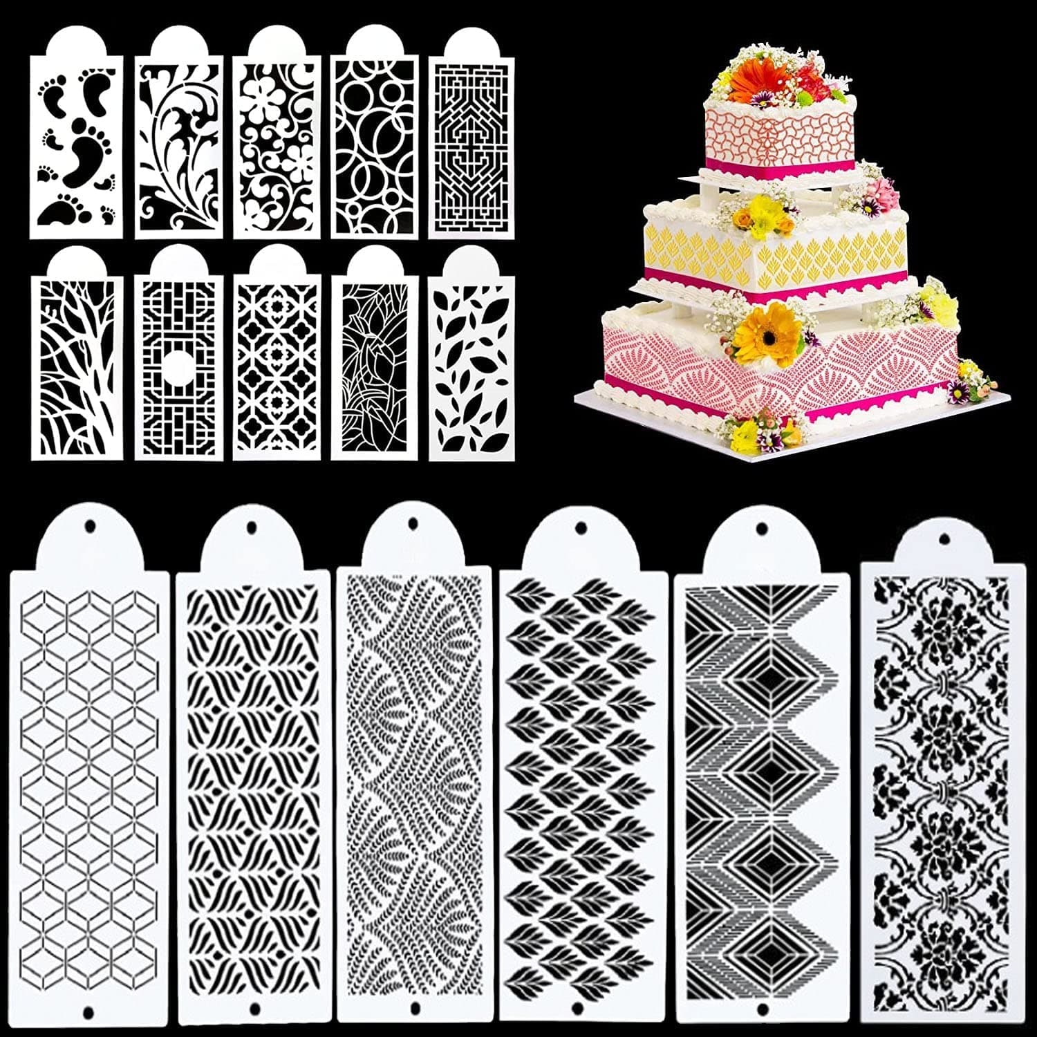 Stencil for Cake Decoration - Cake Stencils Design Templates - Hollow Lace, Decorating Baking Stencils Sheet for Sides - Pack of 16