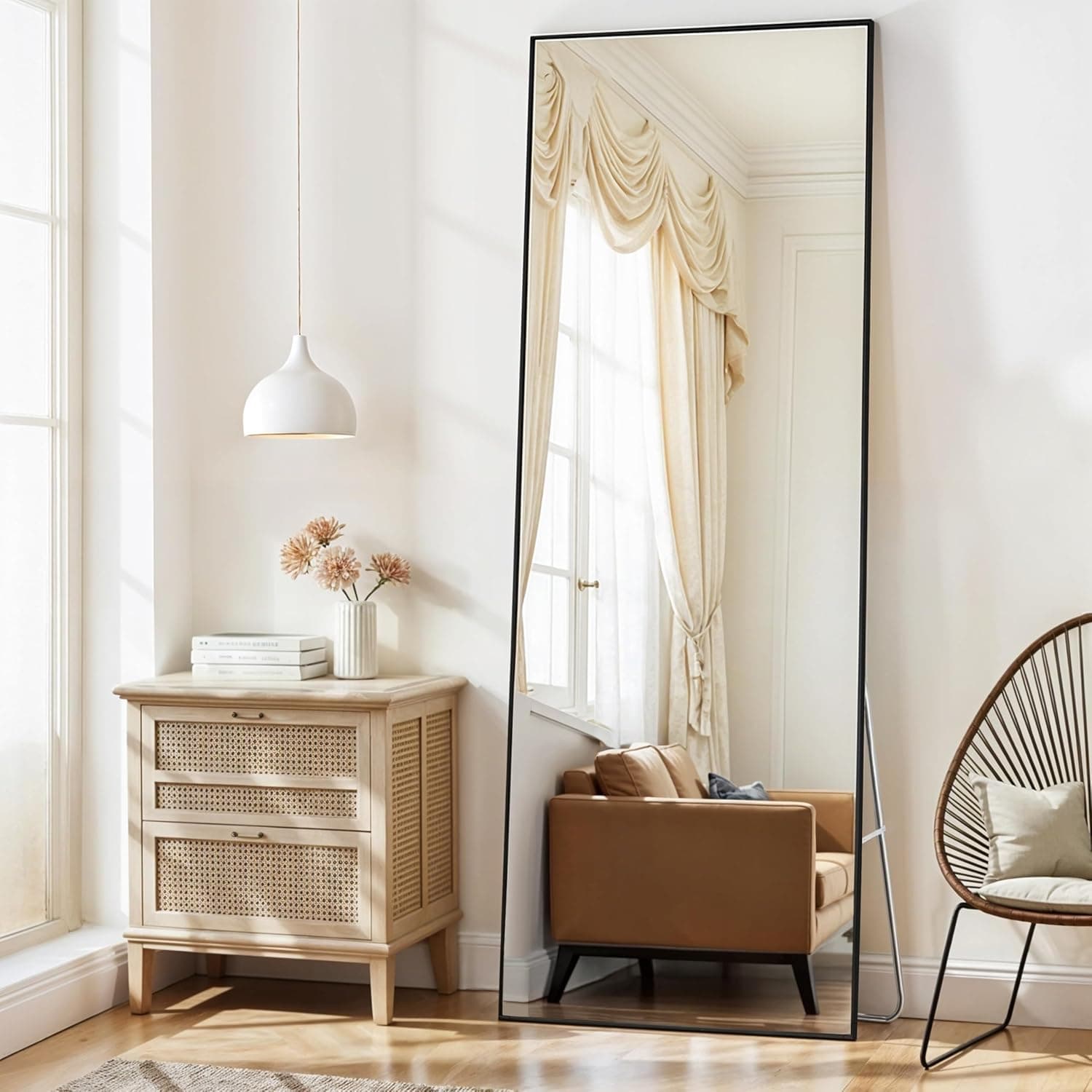 ABOUT SPACE Cheval Mirror for Wall - 5 Feet Unbreakable Mirror for Bedroom | Full Length Tempered Glass with Stand Thin Frame Aluminium Alloy Vertical Hanging Display for Living Room, Bedroom - Black