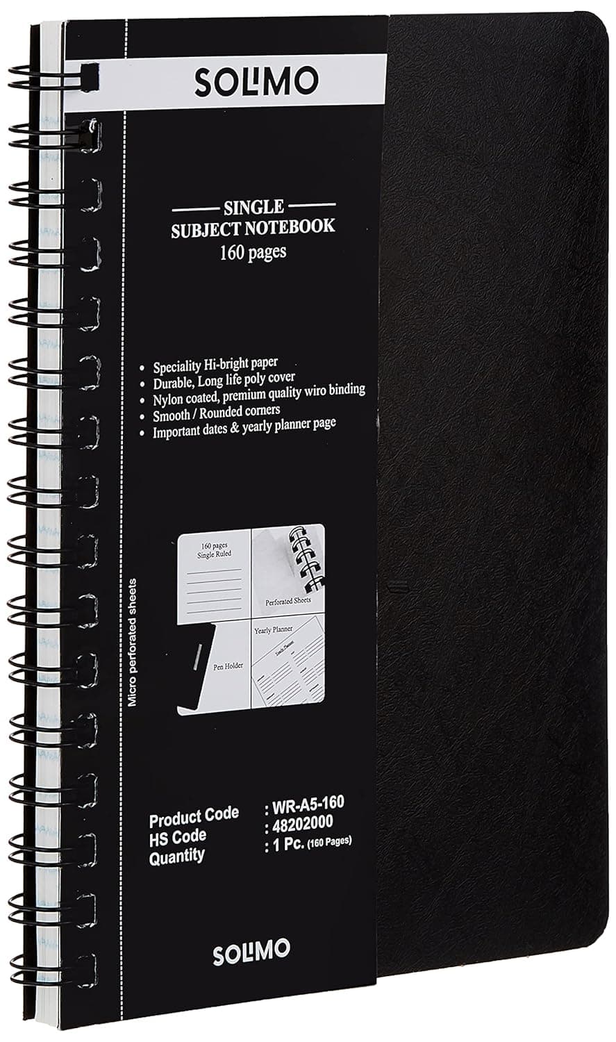 Amazon Brand - Solimo Wirebound Notebook, A5 Size, 160 Pages, Single Ruled, 70 GSM Paper